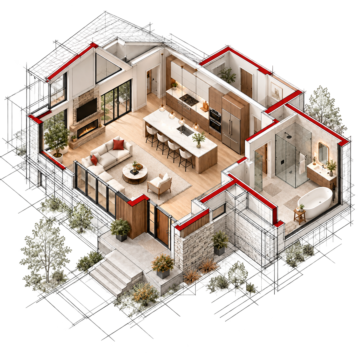 Architectural concept of a modern home with a kitchen, living space, and bathroom